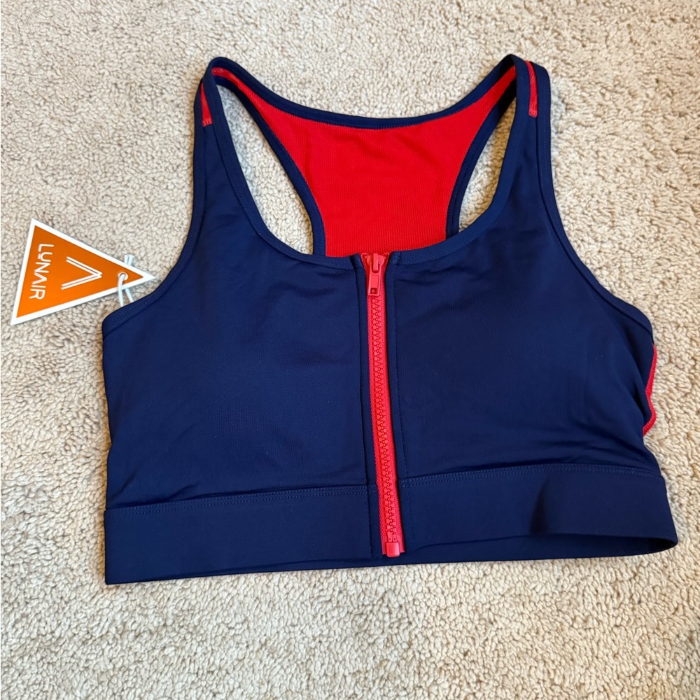 LUNAIR Active Navy and Red Zip Front Sports Bra
